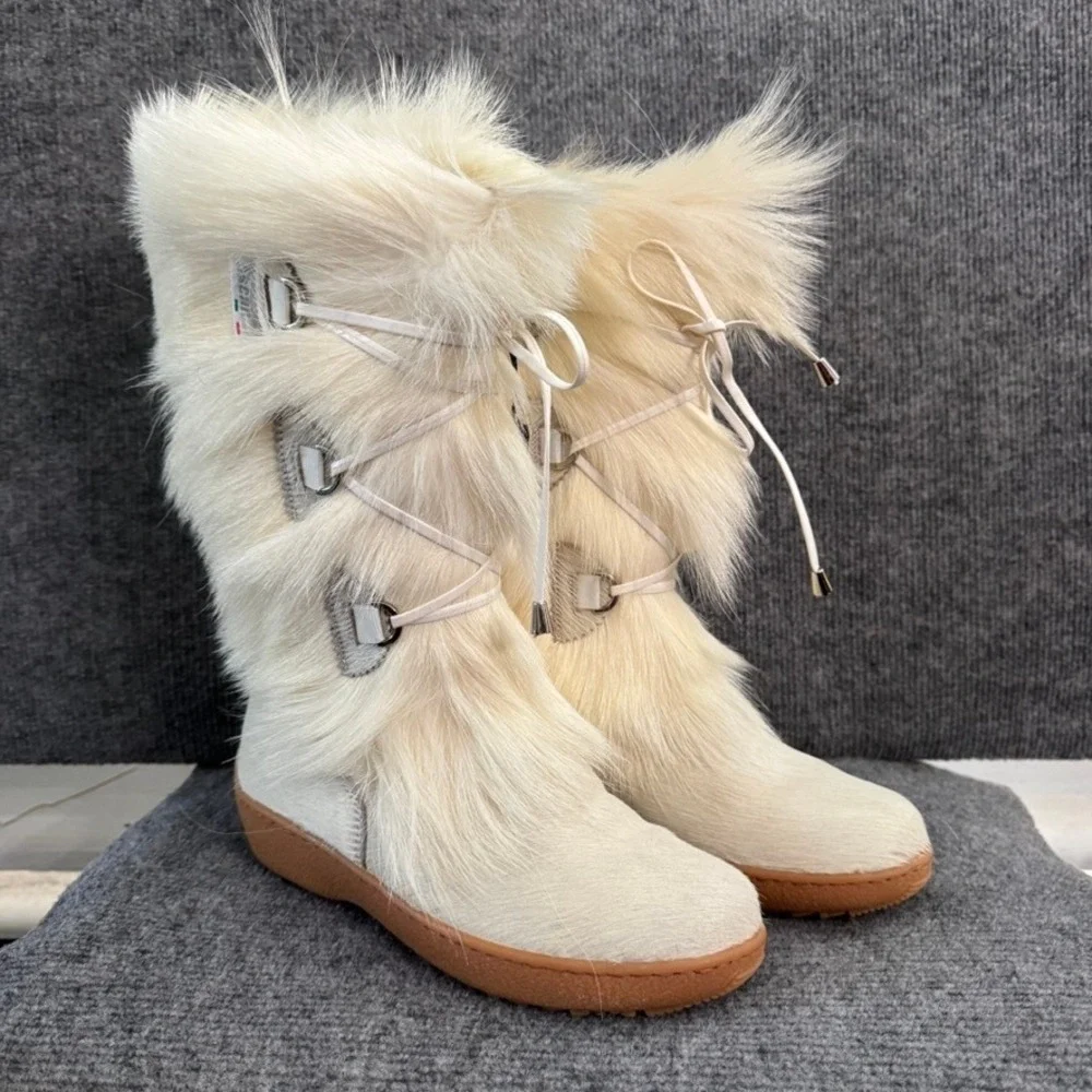 NWB Oscar Sport Italy Womens 9 Goat Fur Apres Ski Boots White Handmade Luxury